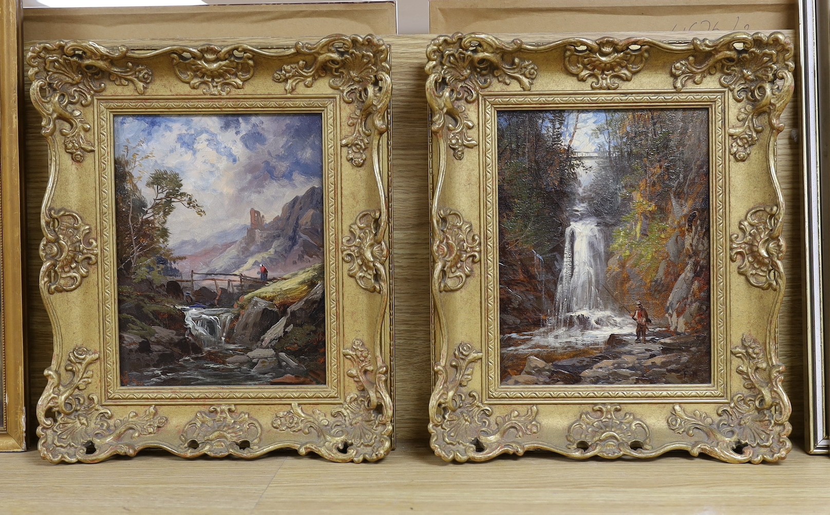 Frederick Henry Henshaw (1807-1891), pair of oils on canvas, 'Glen Holm, Isle of Man' and 'Footbridge beside a waterfall', monogrammed, 22 x 17cm